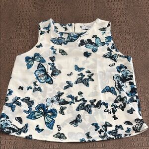 Memento Mori Blue Butterfly Sleeveless Top White Black Print Approx S/M